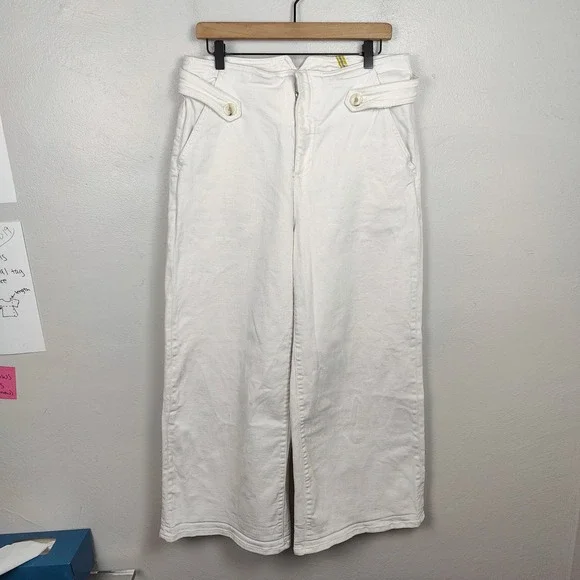 Anthropologie Maeve Wide Leg Cropped Pants Womens 31 White Belted Bohemian - Picture 2 of 12